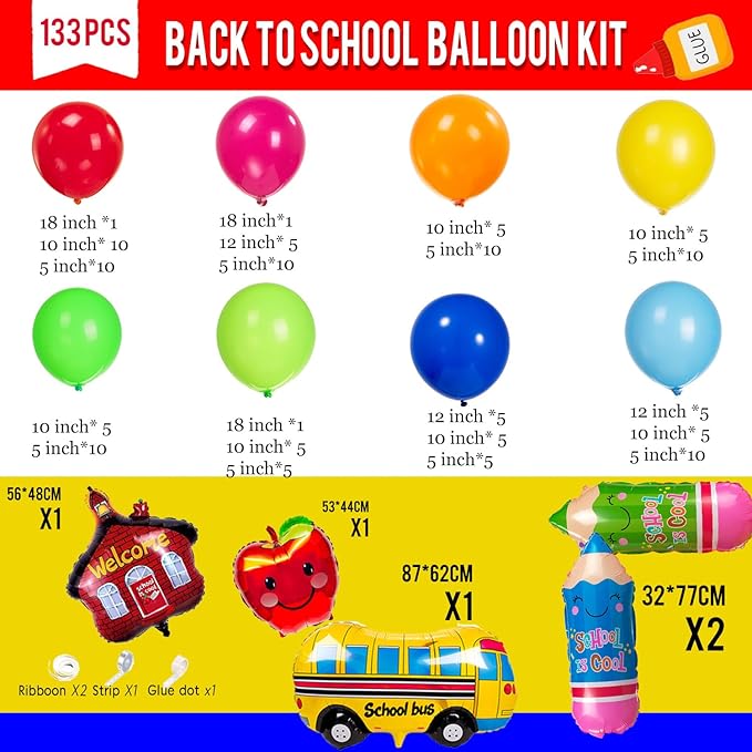 back to school balloons hot pink and red yellow green balloon garland arch kit 130+pcs with school bus classroom apple mylar balloon for back to school Birthday party decorations