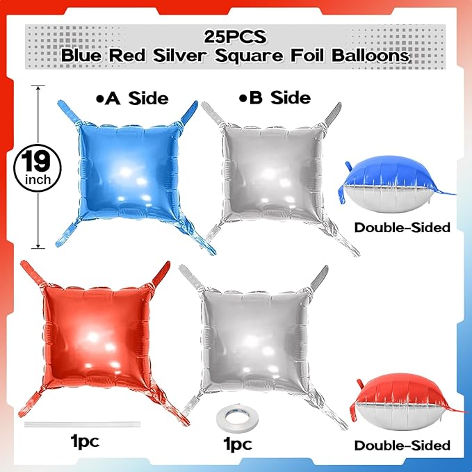 Blue Red Square Balloon Foil, 25PCS Double Sided Royal Blue Red and Metallic Silver Square Foil Balloon Backdrop Wall for 4th of July Independence Day Memorial Day Baseball Sport Birthdays Graduation