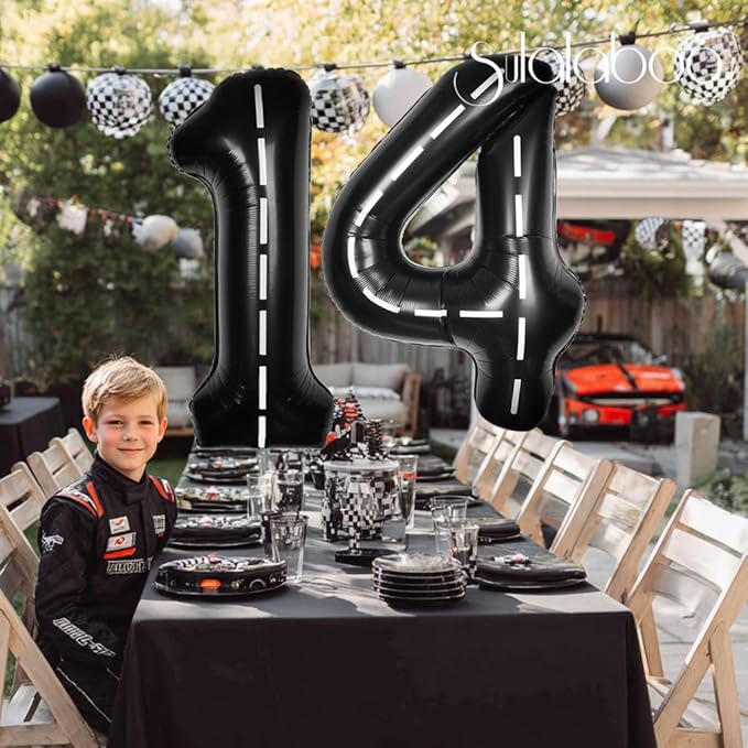 Race Car 40Inch Black 14 Balloon Number Large Helium Race Track 0-9 Giant Digital 14th Foil Mylar Big Party Number Balloons for Boy Birthday Car Theme Party Anniversary Graduation Decorations