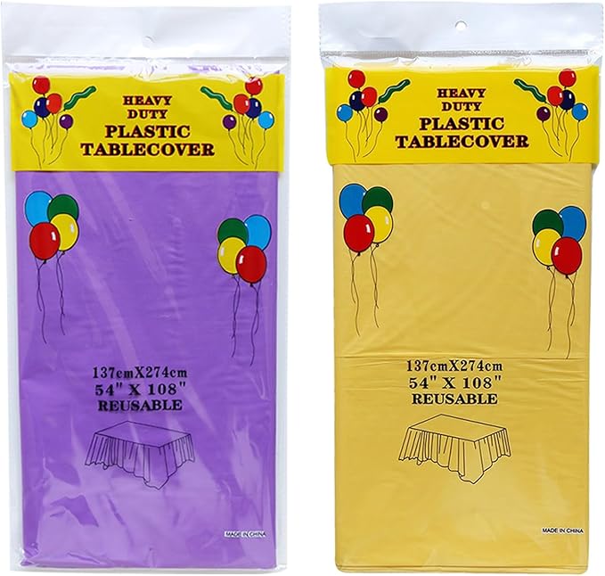 Plastic Tablecloths,Disposable Tablecovers,Baby Shower Party Tablecovers,Table Cloths for Picnic Birthday Wedding Parties 8 ft Rectangle Table Use,54 x 108 Inches,2 Pack,Purple,Yellow.