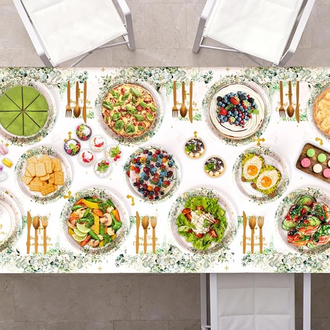 194 Pcs Greenery First Holy Communion Baptism Party Decorations Supplies Mi Primera Comunion Party Decorations God Bless Disposable Tableware Set with Plates Napkins and Tablecloth Serves 24