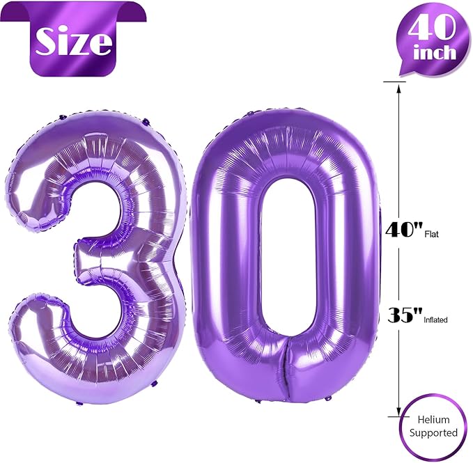 Purple Number 30 Balloon 40 inch, 30 Number Balloons, 30th Purple Birthday Decorations, 30 Year Old Girls Boys Party Supplies