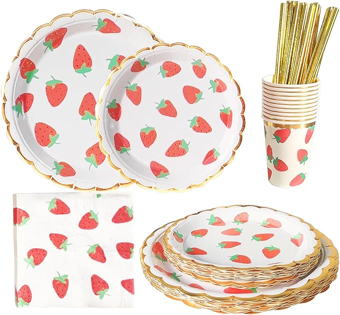 MaitianGuyou Strawberry Theme Party Tableware Set,Baby Shower Dinnerware Decoration Supplies Including Plates,Napkins,Cups and Straws for Fruit Party,Wedding,Birthday - Serve 20 Guests