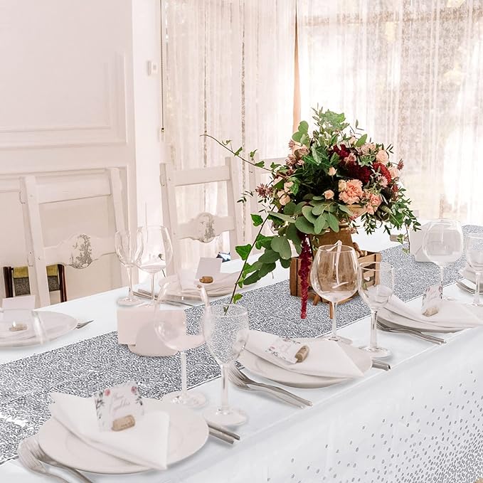 Irenare Tablecloth and Sequin Table Runner Set Polka Dots Confetti Table Cover Dining Plastic Tablecloths Glitter Decorations for Birthday Wedding Anniversary Party Supplies(White, Silver,2 Pcs)