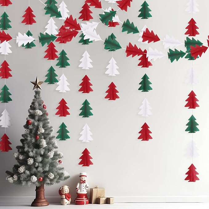 GCQQ 3D Paper Christmas Tree Garlands - 2 Packs Red White Green Hanging Streamer Decorations Garland for Christmas New Year Holiday Party Office Classroom Wall Indoor Outdoor Decoration Banner
