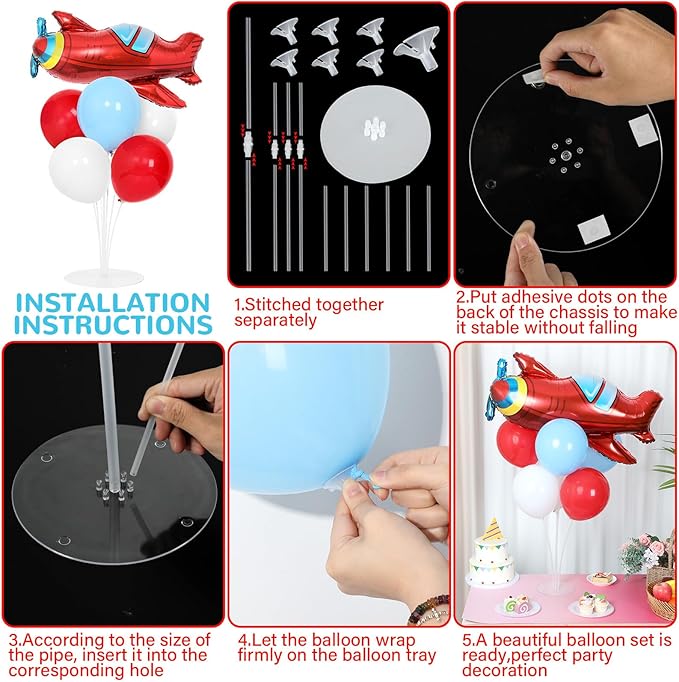 4 Sets Airplane Birthday Party Balloons Stand Kit with 4 Plane Helicopter Foil Balloons Red Blue White Theme Party Balloon Centerpiece for Table for Adventure Time Flies Baby Shower Parties Decoration