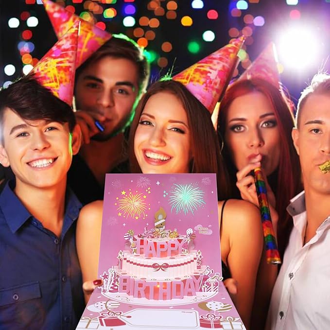 Musical Birthday Cards with Light and Music, Blowable, 3D Birthday Popup Cards for Men & Women– Plays Hit Song 'HAPPY Birthday' (pink)