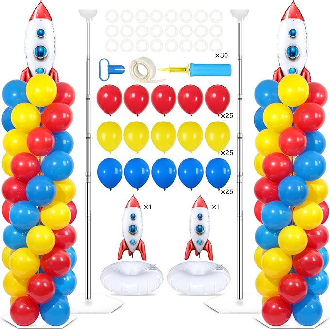 2 Sets Toy Inspired Story Balloons Column Stand Kit With 102 Rocket Foil Balloons 5.57ft Adjustable Tower Stand With Base Arch Column for Baby Shower Carton Birthday Party Supplies