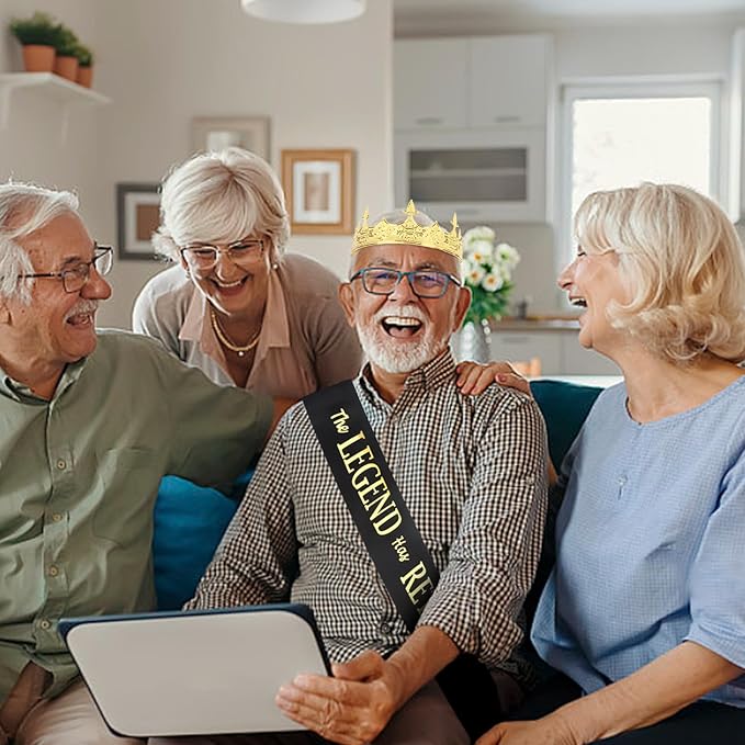 Semato Retirement Sash and Crown Kit for Men: King Crown, Retired Sash, Gold, One Size, Adult Men's Retirement Decorations