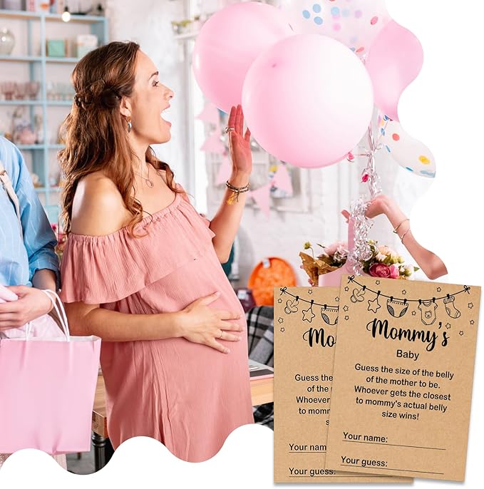 Mommy's Baby Shower Game, Guess Mommy's Actual Belly Size Game Cards, Baby Shower Party Games Supplies & Activities, 30 Game Cards Included, Kraft