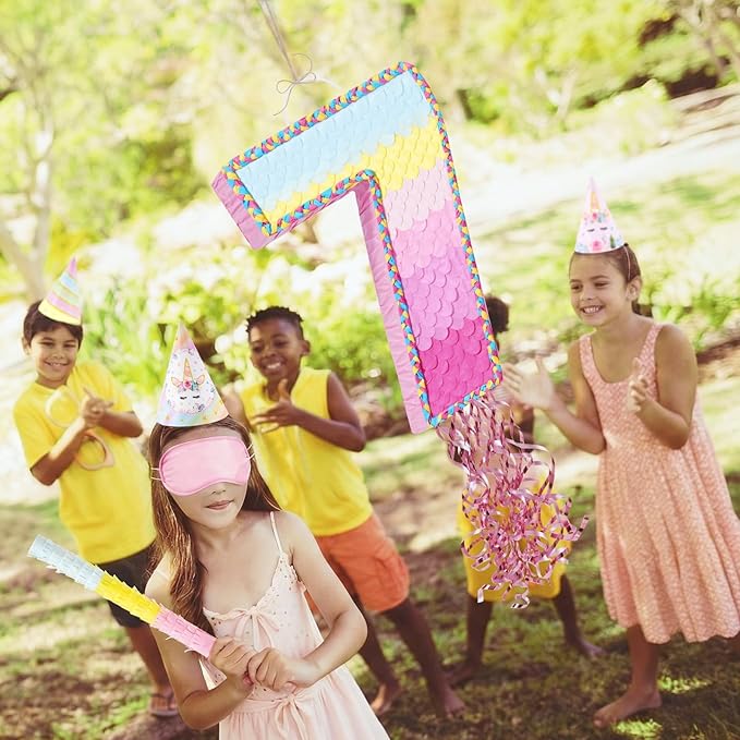 WERNNSAI Number 7 Piñata – Pink 7th Birthday Party Decorations Rainbow Ombre Seven Piñata for kids girls with Blindfold and Stick for 7 Year Birthday Supplies Princess Anniversary Decoration