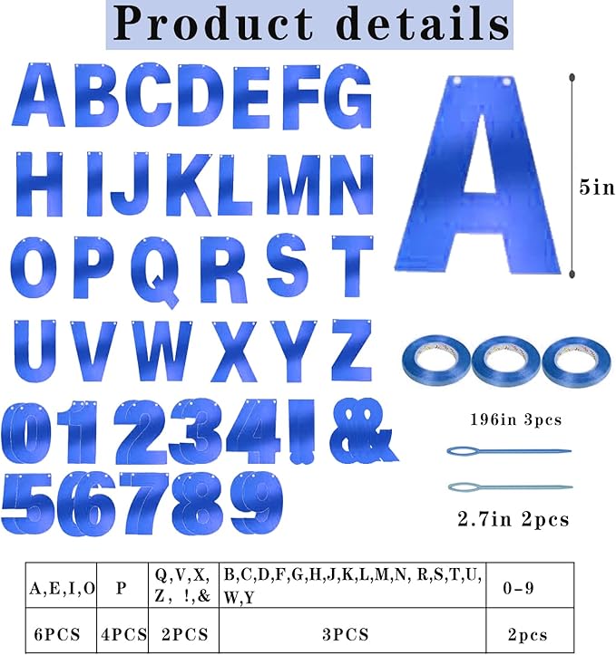 116 Pcs DIY Glitter Customizable Kit - Custom Banner with 111 Letters, Numbers, 3 Rope, 2 Threading Devices for Personalized Decor - Birthday Banner (Bright Blue)
