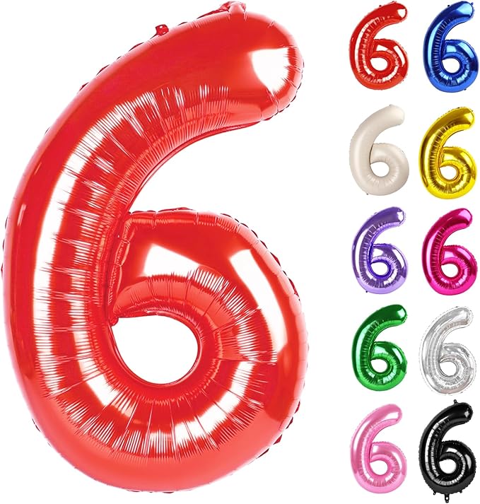 Red Number 6 Balloon 40 Inch, 6 Balloon Number, 6th Birthday Decorations, Red Party Supplies for Boys Girls