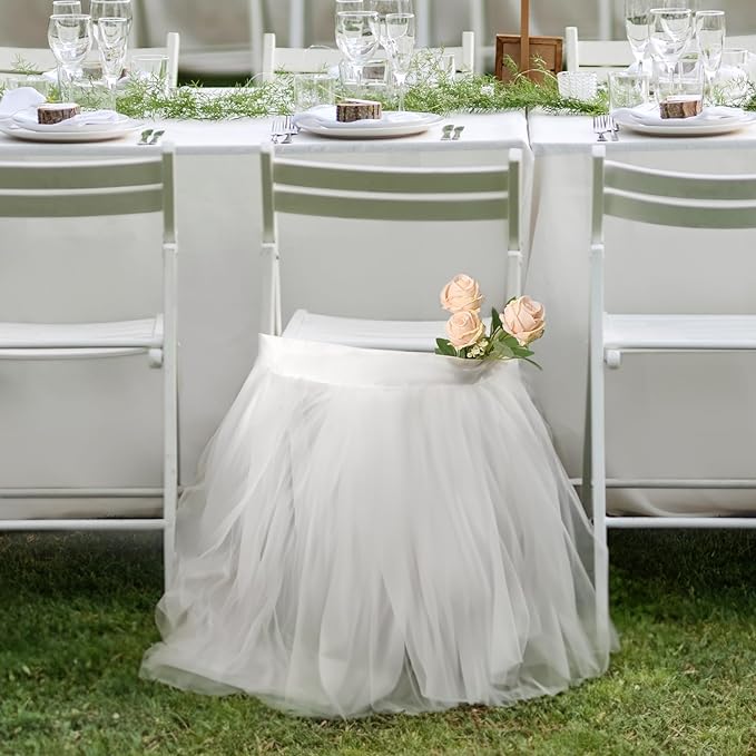 UNIQOOO Chair Tulle Tutu Decoration for Bridal Shower | Birthday Party, Veil Fluffy Look in White Color - Great for Wedding, Baby Shower – Party Accessory Supplies, 20” x 20” - Fit Standard Chair