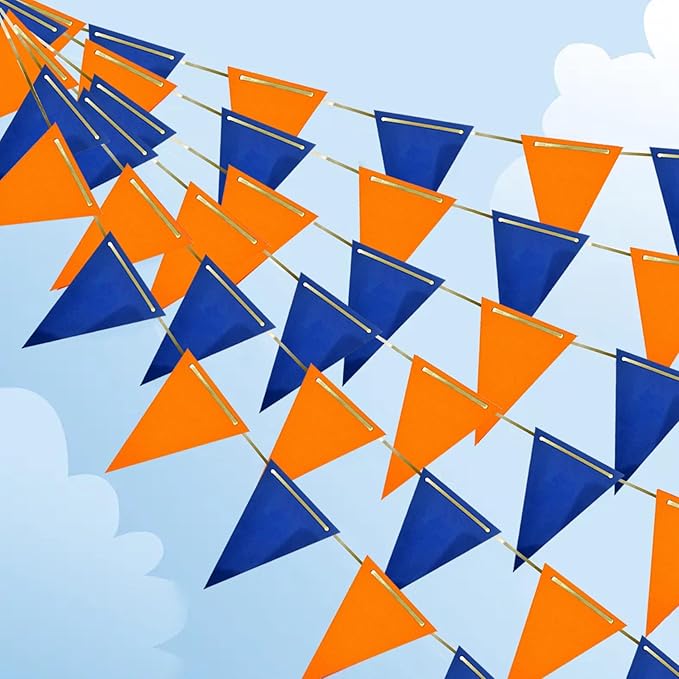 Navy Blue and Orange Pennant Banner 3 Pack Paper Triangle Flag Hanging Decoration for Wedding Birthday Baby Shower Halloween Family Party（36pcs Triangle Flag）