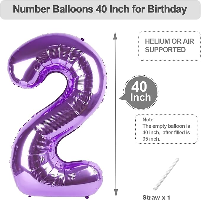 Numbers Balloon 40 Inch, Purple Balloons for Birthday Party Decoration, Large Number Two Ballon for 2, 12, 26, 27, 2026 Celebration, Graduation, Birthday, Baby Shower, Anniversary Decor