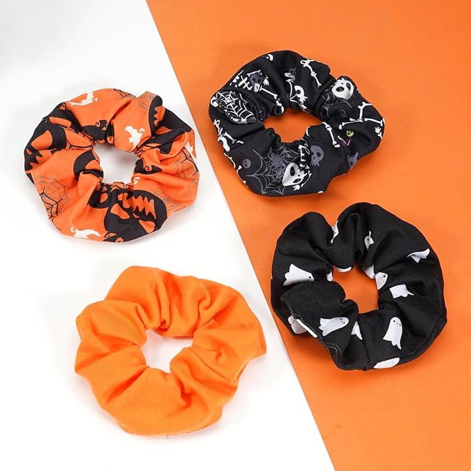 Halloween Hair Scrunchies Spooky Orange Pumpkin Scrunchies Skull Ghosts Bat Spider Web Skeleton Hair Ties for Women Girls Elastics Hair Tie Halloween Gifts Hair Accessories