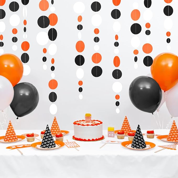 GCQQ 52Ft Black Orange White Garland Orange and Black Paper Circle Dot Streamers Halloween Polka Dot Garlands for Graduation Party Fall Autumn Thanksgiving Wedding Birthday Baby Shower Decoration