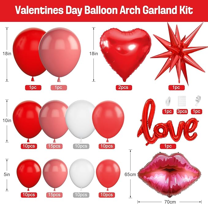 Valentines Balloons Arch Kit with Dusty Pink Red Balloons Red Star Pink Heart Lip Love foil Balloon for Women Girls Valentine's Day Galentines Day Wedding Bridal Shower Anniversary Party Supplies