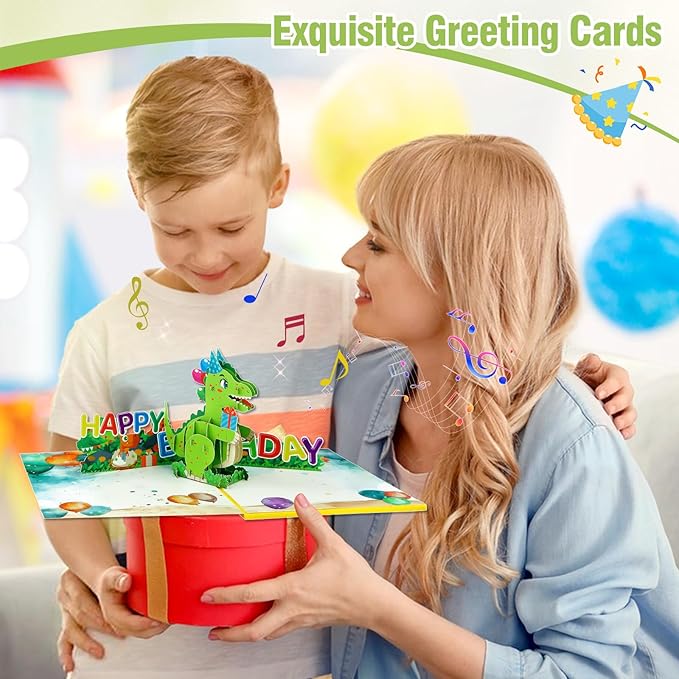 FaCraft Dinosaur Musical Birthday Cards for Kids - Music & Light 3D T-Rex Handmade Pop Up Birthday Cards with Envelope, Blank Insert, Gift for Boys Girls Son Grandson Toddler Nephew 1 2 3 4 5 Year Old