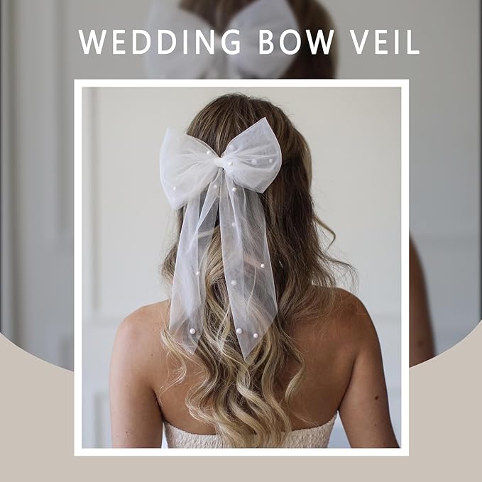 Bridal Veil Bachelorette Party Veil White Bow Wedding Veil Elegant Tulle Layer Hair Clip for Women and Girls