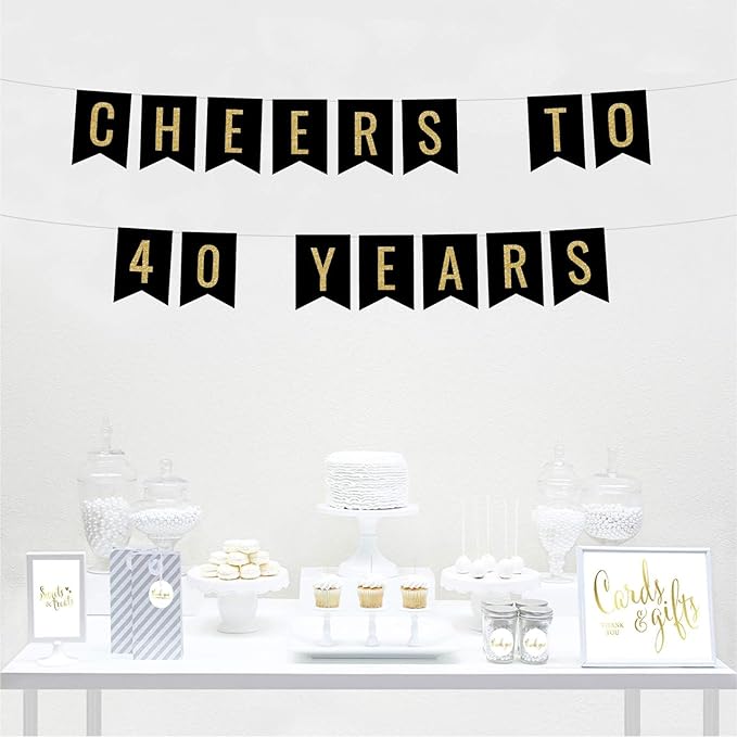Andaz Press Faux Gold Glitter on Black Birthday Party Banner Decorations, Cheers to 40 Years, Approx 5-Feet, 1-Set, 40th Birthday Milestone Colored Hanging Pennant Decor