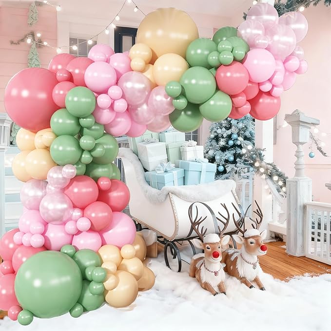 Nutcracker Christmas Fairy Balloon Garland Arch Kit, Sage Green and Pink Balloon, Green White Blush Pink Latex Balloons for Christmas Candyland Easter Floral Wedding Birthday Party Decor
