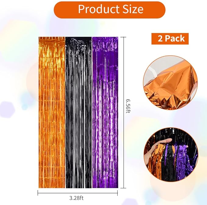TONIFUL 2Pcs Orange Purple Black Metallic Tinsel Foil Fringe Curtains,3.28ft x 6.56ft Halloween Photo Booth Backdrop Streamer,Photo Props,for Party Door Wall Curtains Wedding Birthday(6.6ft x 6.6ft)