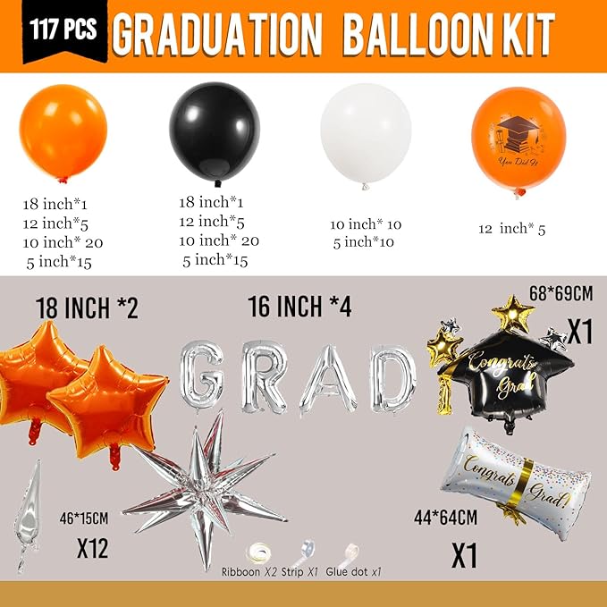 Orange Graduation Balloon Garland Arch Kit 117PCS with Graduation Star print Certificate Letter Mylar Foil Balloons for Graduate Class of 2026 Grad Prom party Decorations Supplies (Orange Black White)