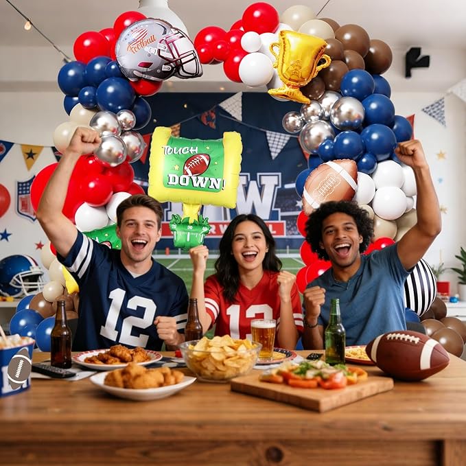 Football Balloon Arch Kit,140Pcs Red Navy Blue Silver Balloon Garland with Football,Helmet,Field Goal Post,Trophy Foil Balloons for Sports Rugby Birthday Big Game Touch Down Tailgate Party Decoration