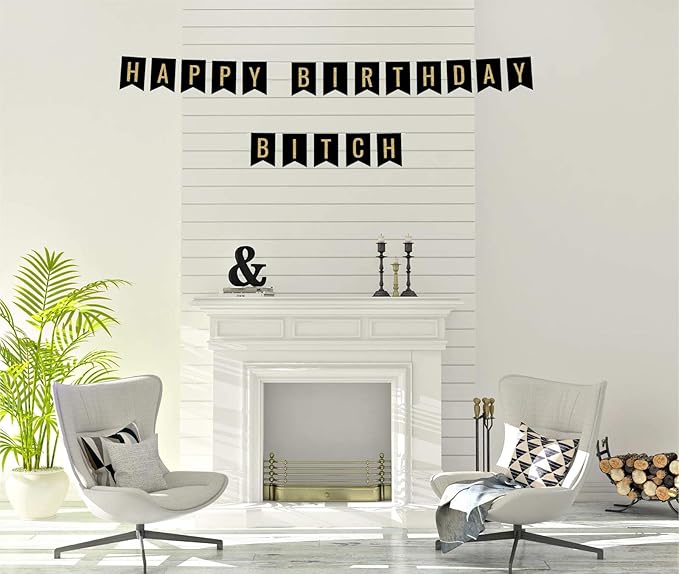 Andaz Press Faux Gold Glitter on Black Birthday Party Banner Decorations, Happy Birthday Bitch, Approx 5-Feet, 1-Set, Birthday Milestone Colored Hanging Pennant Decor