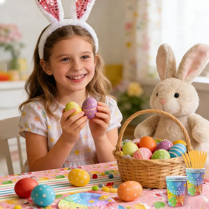 Easter Party Supplies Set - Disposable Easter Plates and Napkins Kit for 10 Guests, Includes Dinner & Dessert Plates, Cups, Cutlery, Napkins, Banner, Tablecloth for Easter Dinner, Spring Party