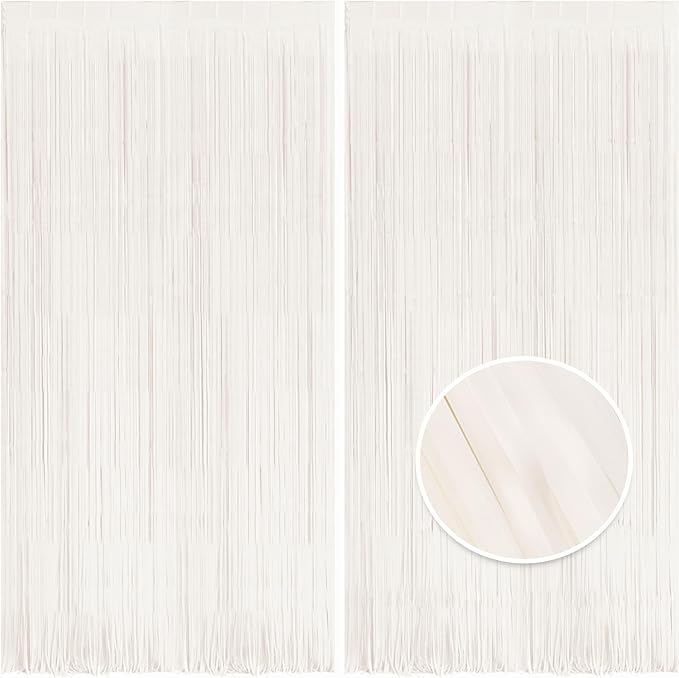 BRAVESHINE Party Streamers Backdrop - 2 Pack 3.2x8.2ft Pastel White Fringe Curtains for Easter/St Patricks Day/Winter’s Snowflake/Birthday/Bachelorette/Engagement/Bridal Shower/Candy/Bow Decorations
