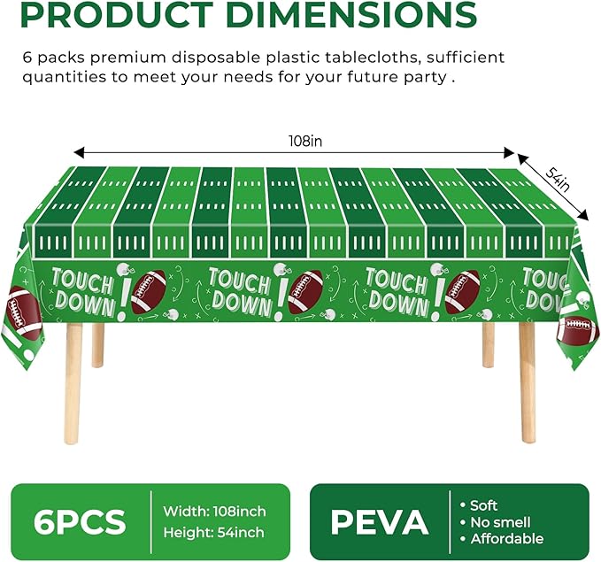 6 Pack Football Party Decorations Premium Football Disposable Plastic Tablecloth 54" x 108" Table Cloths for 6 to 8 Foot Tables Indoor or Outdoor Parties Decoration Supplies (Football Green)