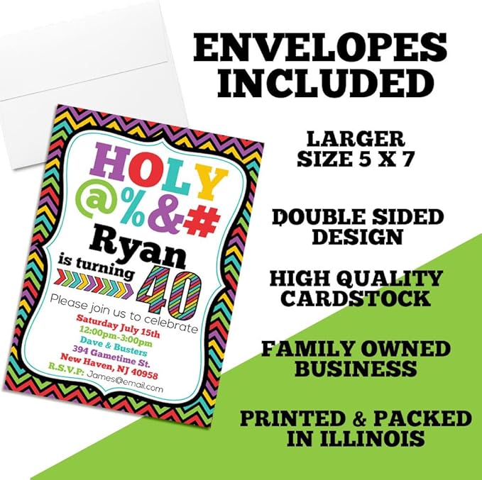 Custom Birthday Invitations 40th Birthday Invitation 30 5x7 Custom 40 Party Invitation Cards With Envelopes - Unique 40th Party Invitations Hilarious Holy &*$% Theme