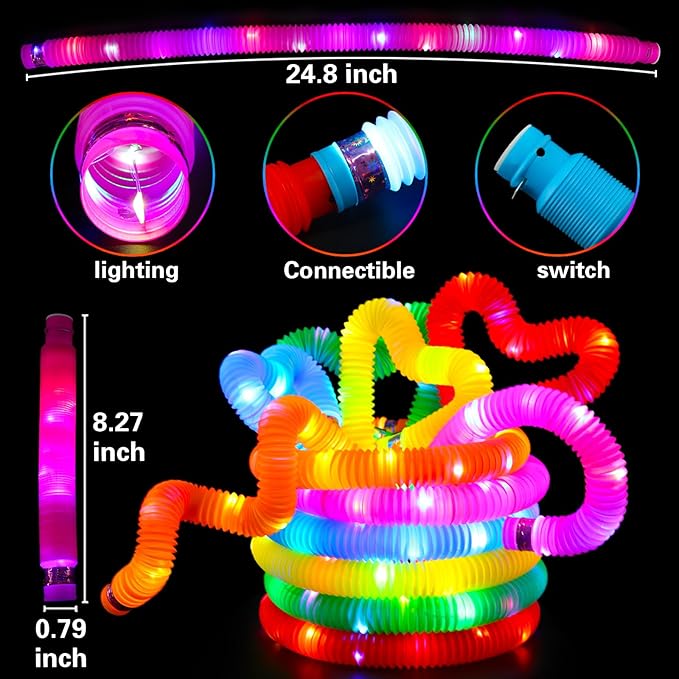 24 Pcs Glow Sticks Toys for Kids, LED Light Up Pop Tubes/Bracelet Party Favors for Kids,Glow in The Dark Party Supplies, Birthday Gifts Xmas Stocking Goodie Bags Stuffers Boys Girls