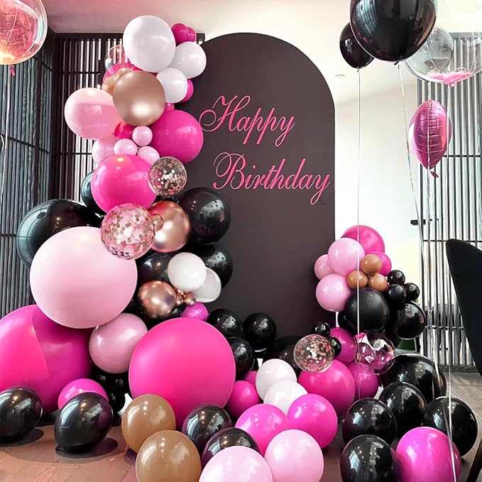 Hot Pink Black and Gold Balloon Arch Kit, 141Pcs Rose Red Black Dusty Rose Gold Metallic Pastel Pink White Balloons for Birthday Wedding Bachelorette Gender Reveal Anniversary