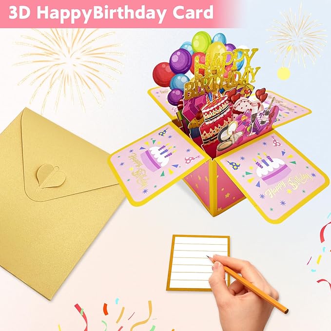 2 Pcs Sweet Happy Birthday Pop Up Card, Funny 3D Birthday Gift Box for Adults and Kids with Envelopes, Unique Handmade Foldable Celebration Cards for Daughter,Son,Mom,Dad,Husband,Friend (Black pink cake)