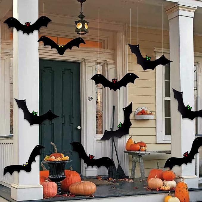 YUJUN Halloween Hanging Bats 12 Pieces 3D Realistic Scary Large Fake Black Hanging Flying Bat Spooky for Yard Sign Outdoor Indoor Lawn Decorations(3 Style)