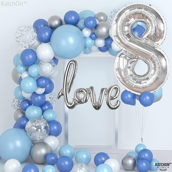 KatchOn, Giant Silver Number 8 Balloon - 40 Inch | 8 Balloon Number for 8th Birthday Decorations Boy | Silver Birthday Decoration | Number 8 Balloons for Birthdays, 8th Birthday Decorations for Girls