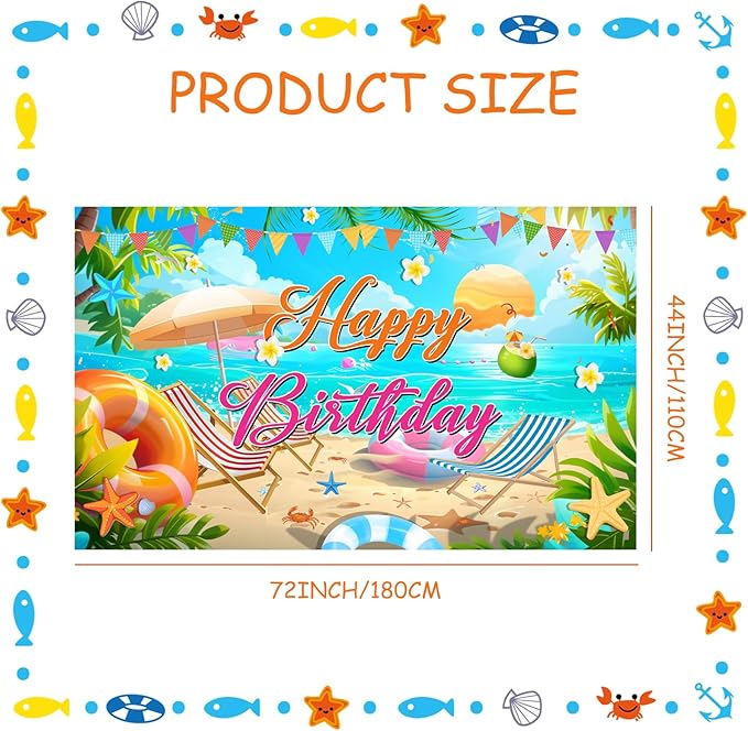 Summer Happy Birthday Banner Decorations, Backdrop Decor Supplies, Happy Sign for Backdrop, Large Beach Theme Birthday Banners Supplies Suitable for Any Lively Theme Party Event