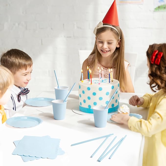 168PCS Party Plates, Scalloped Gingham Paper Plates and Cups and Napkins Sets Party Supplies for Birthday Wedding Bridal Shower Baby Shower Picnic, Serve for 24 Guests (Blue Scalloped)
