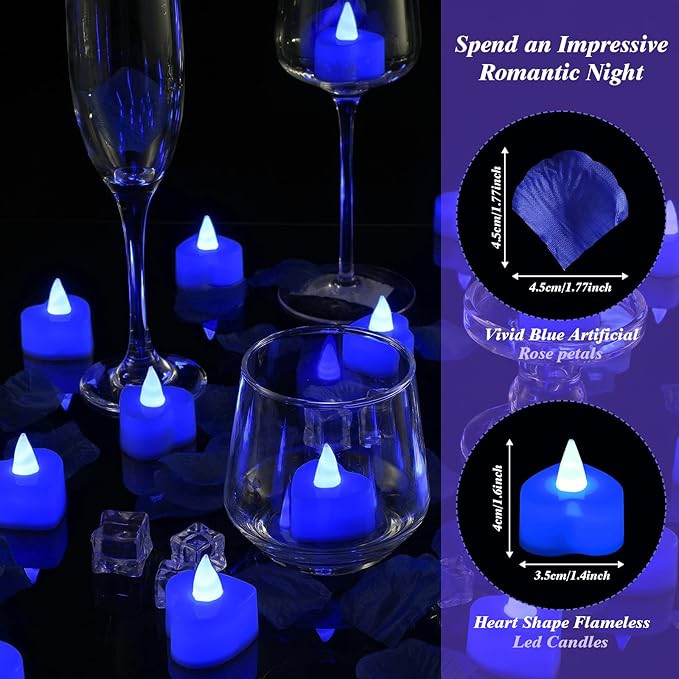 VIHOSE 4000 Pcs Artificial Rose Petals with 24 Pcs LED Tea Lights Candles Flameless LED Candles Fake Rose Petals for Wedding Birthday Party(Blue Light, Blue Petal)