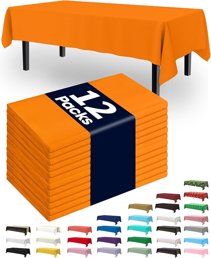 Pureegg Plastic Table Cloth Disposable 12 Pack, 54 x 108 Inch Table Cloths, Halloween Party, Thanksgiving Decorations, Harvest, Fall Tablecloths, Rectangle Tables, Leakproof & Sturdy, Orange