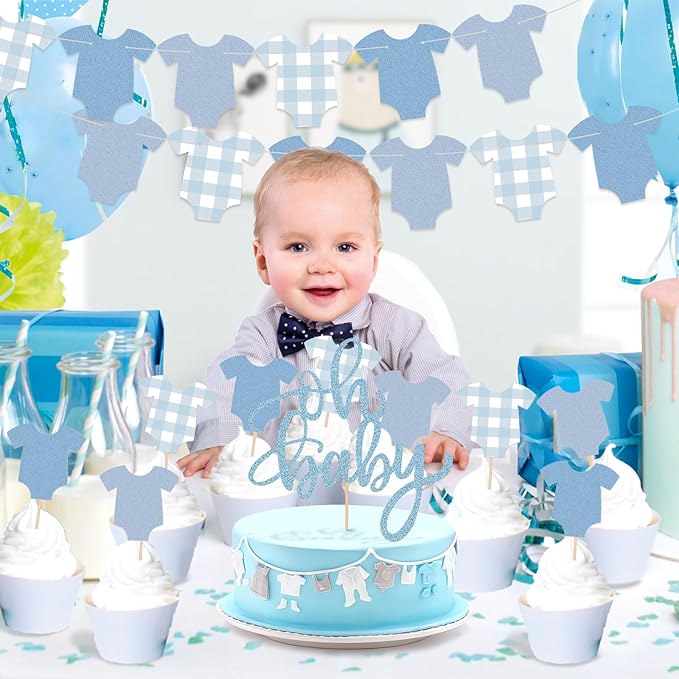 2 Pack Boy Blue Bodysuit Banner,1Pcs Blue Glitter Cake Toppers,12 Pcs Cupcake Toppers Happy Birthday Decoration Kit-Bodysuit Theme Kit Party Decoration Baby Shower Party Supplies Decor for Baby Shower