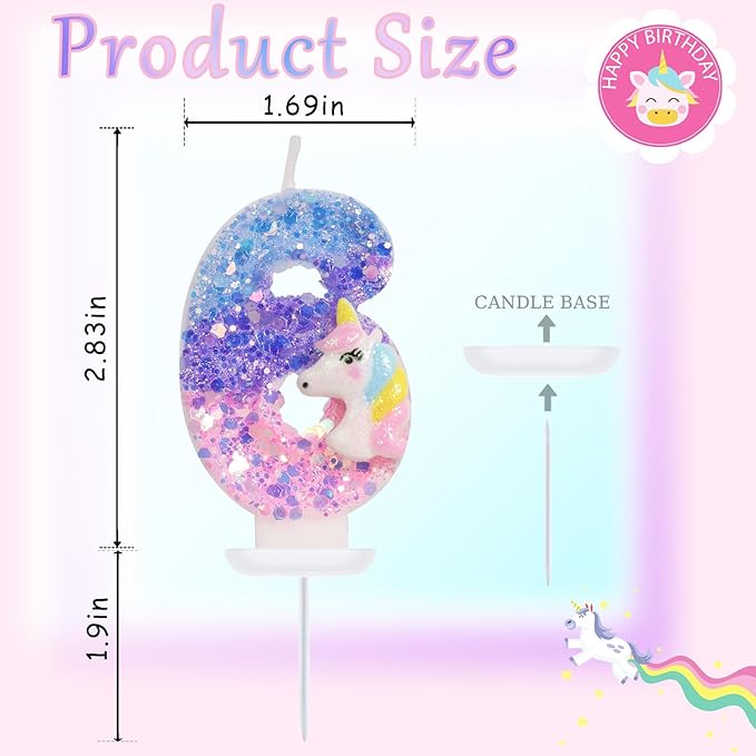 Unicorn Candle - Number 6 Candle, 6th Birthday Decorations for Girls, Colorful Sequins Birthday Candles for Cake, Cartoon Unicorn Theme Party Decorations