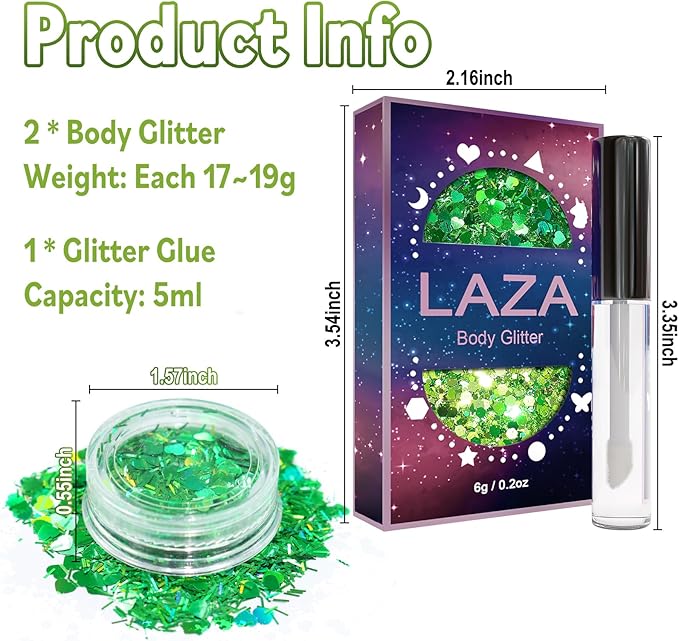 Laza 2 Jars St. Patrick’s Day Body Glitter Iridescent Chunky Sequins with Glitter Glue Women Eyeshadow Makeup Face Paint Festival Rave Outfits Hair Accessories Carnival Party Costumes - Lush Clove