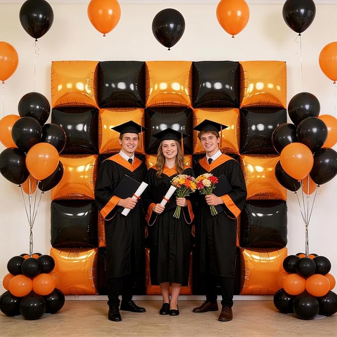 Black Orange Square Foil Balloon Wall,25Pcs Double Sided Foil Balloons Backdrop Helium Polyester Tunnel Arch Garland Kit for Birthday Graduations Anniversary Baby Shower Party Decorations