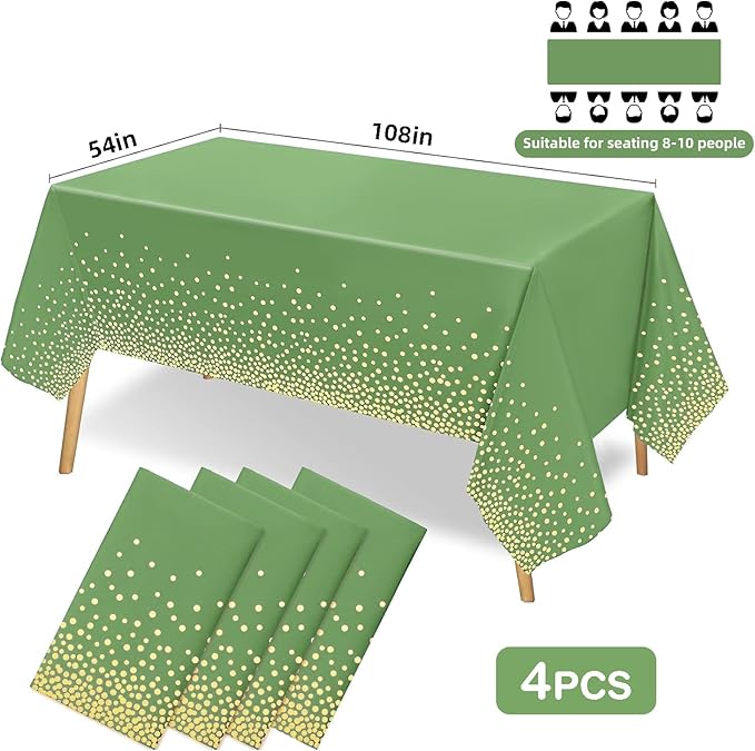 4 Pack Sage Green and Gold Plastic Tablecloth, Green Disposable Table Cloth 54"x108", Gold Dot Tablecloth for Birthday Baby Shower Graduation Party Decorations