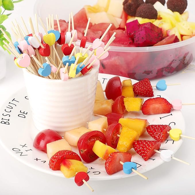 Minisland Multicolor Love Heart Cocktail Picks, 4.7 Inch Long Bamboo Fancy Toothpicks for Appetizers, Bridal Shower Wedding Valentines Party Food Drinks Garnish Fruit Skewer Sticks 100 Counts -MSL445